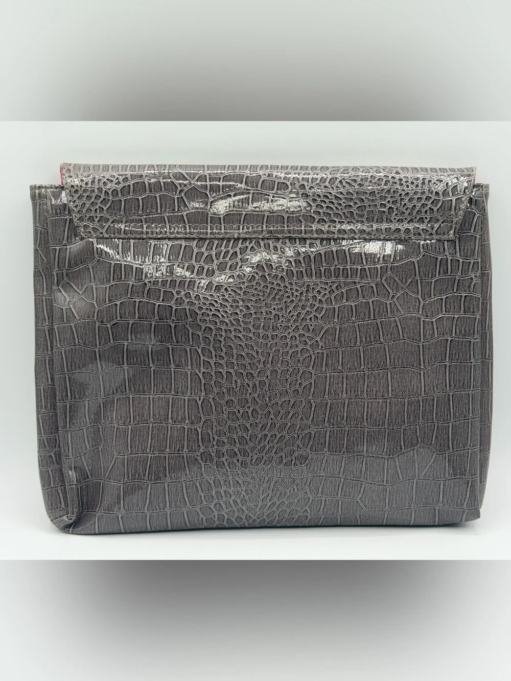 Vince Camuto Faux Gray Snakeskin Oversized Snap Closure Clutch Purse
